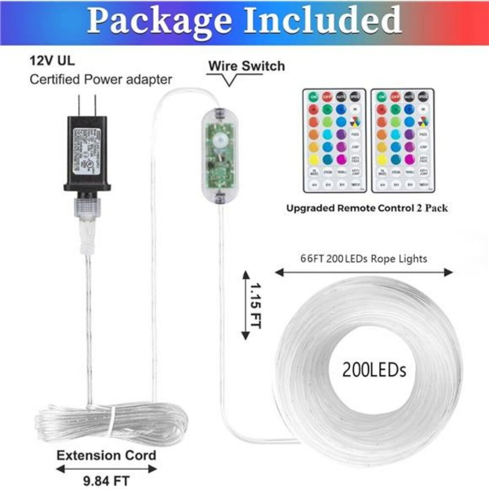66ft LED Rope Lights Color Changing Outdoor Indoor String Lights with Remote - Picture 5 of 7